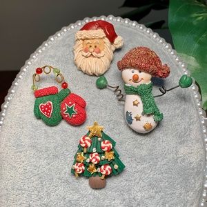 4 Holiday Christmas Brooches, Old World Rustic Style